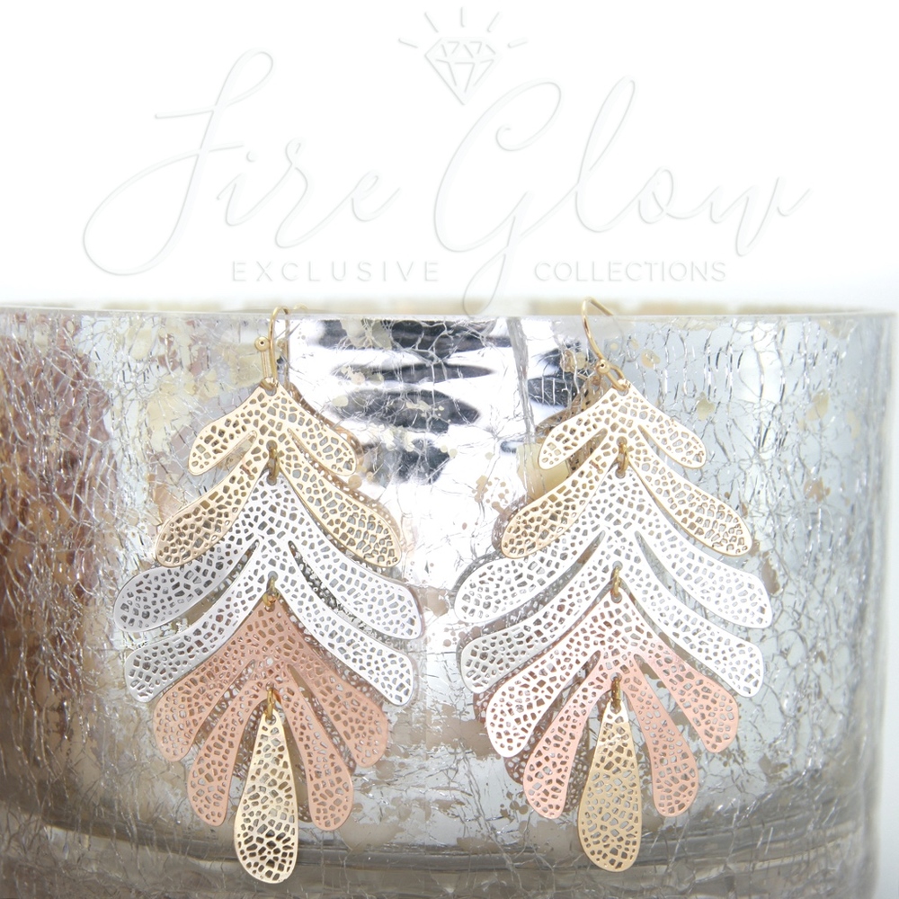Multi tone Gold, Silver, Rose Gold Leaf Earrings - Picture 4 of 7